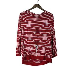 Lafayette 148 Sweater Large Red White Wavy Stripes Drawstring Waist Top Shirt